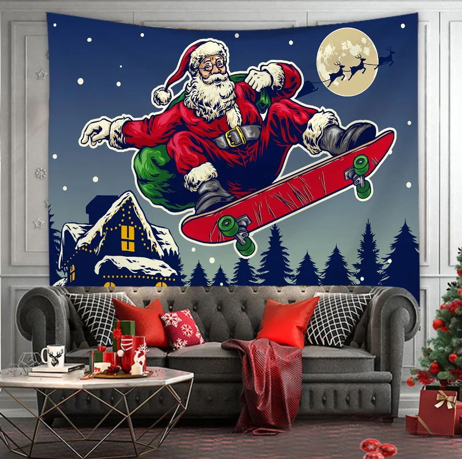 Christmas Tree Print Tapestry Wall Hanging Background Cloth Decor Red Santa Claus Polyester Home Room Decoration | Дом и сад