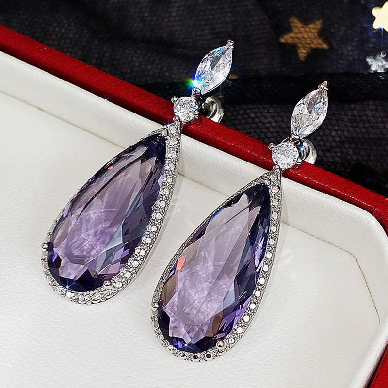 

Big Teardrop Purple Amethyst CZ Stone Drop Earrings High Quality Silver Gorgeous Women Accessories Wedding Trend Hot Jewelry