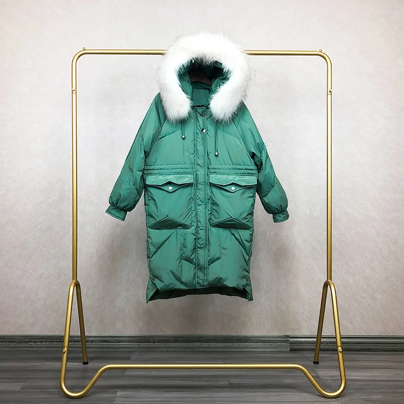Свободное корейское зимнее пуховое пальто Женская длинная пуховая теплая