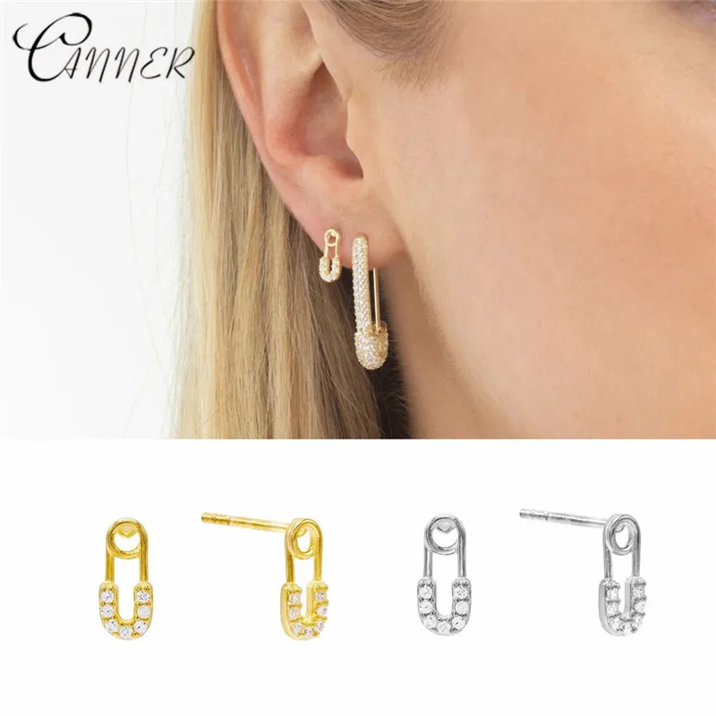 

CANNER Sparking Bling Unique Paperclip Safety Pin Stud Earring Full Micro Pave CZ Earrings for Women 925 Sterling Silver Earring