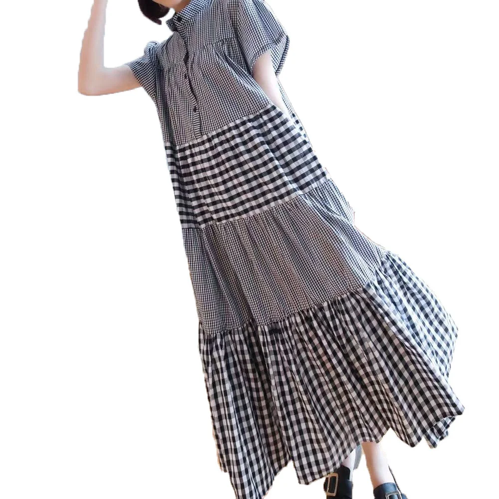 

Korean Fashion Japanese Style Loose Thin Lattice Ruffle Casual Women's Dress 2021 Summer New Stand-up Collar Summer