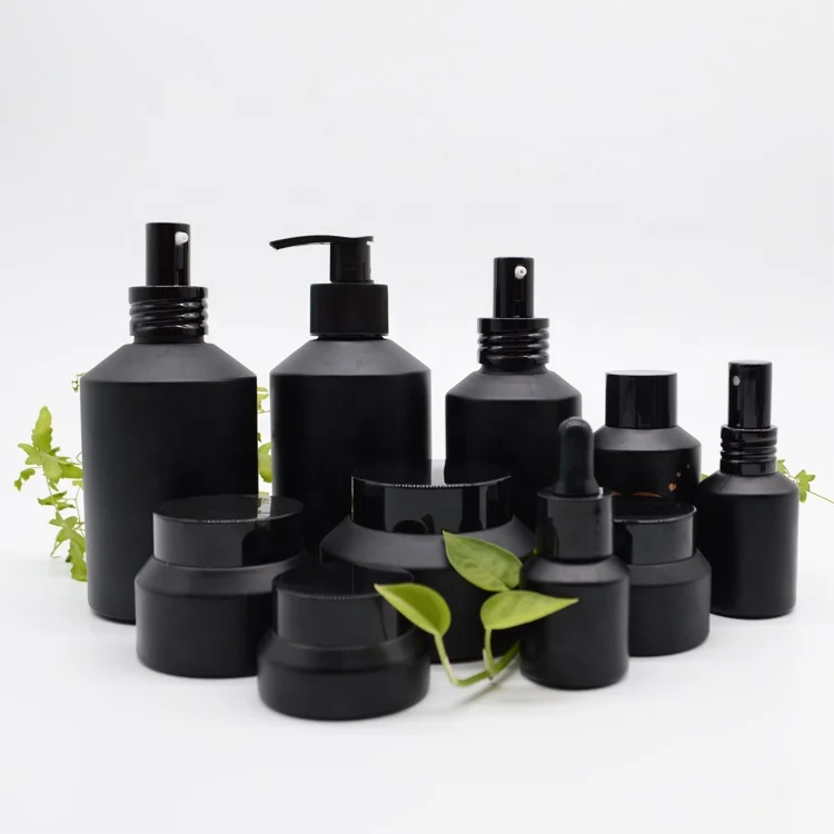 

Wholesale Cosmetic packaging 200ml 120ml 100ml Frosted Black Cosmetic Glass Serum Lotion Pump Bottle With Spray Lid