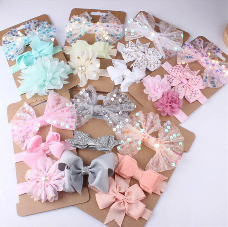 3Pcs/Set Kids Cute Glitter Sequins Big Bow Flower Headbands Baby Girl Toddler Hair Band Headwear White Beige Gray Pink Orange | Аксессуары