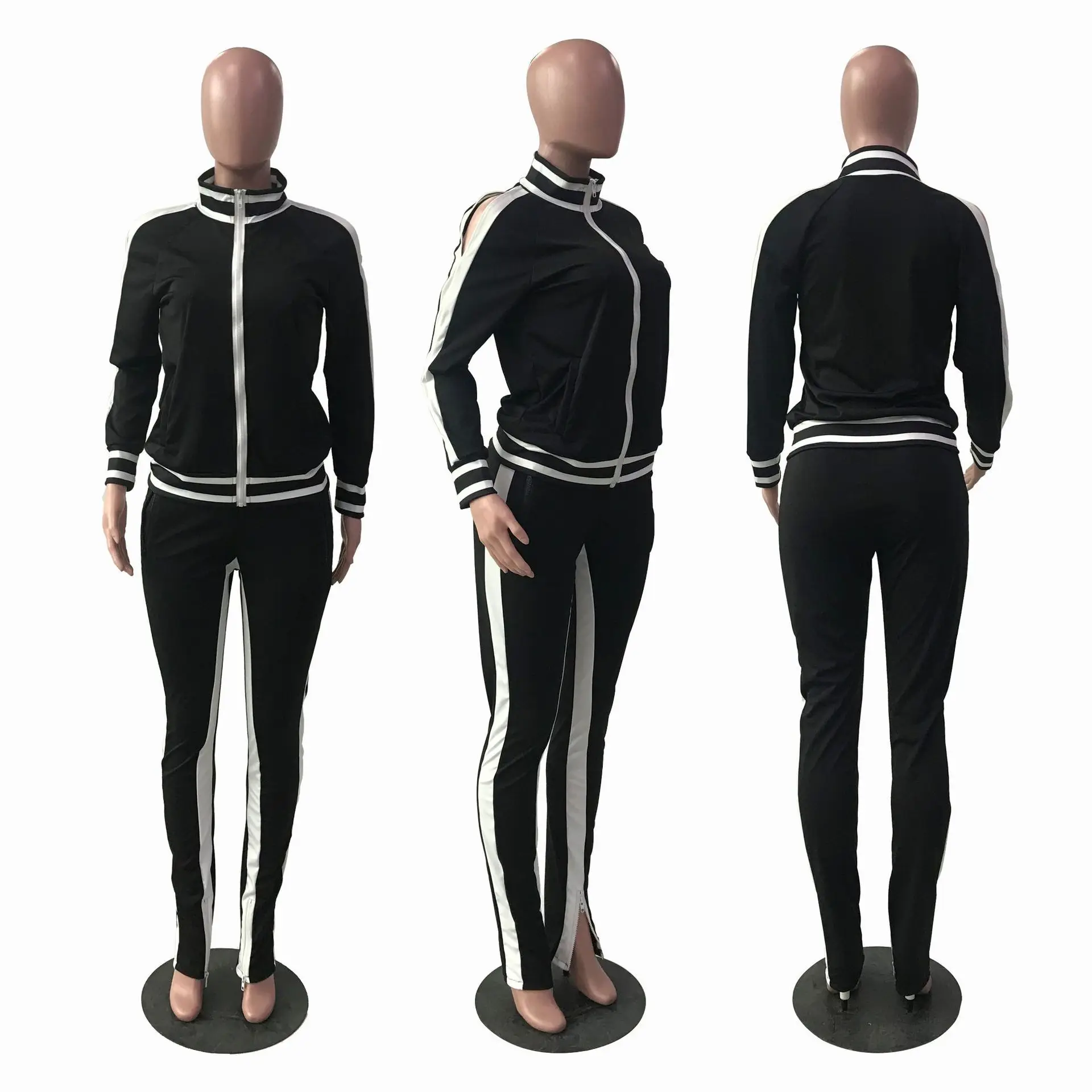 

2020 new fashion solid color leisure sports two piece set autumn V-neck zipper long sleeve coat and trousers women's suit