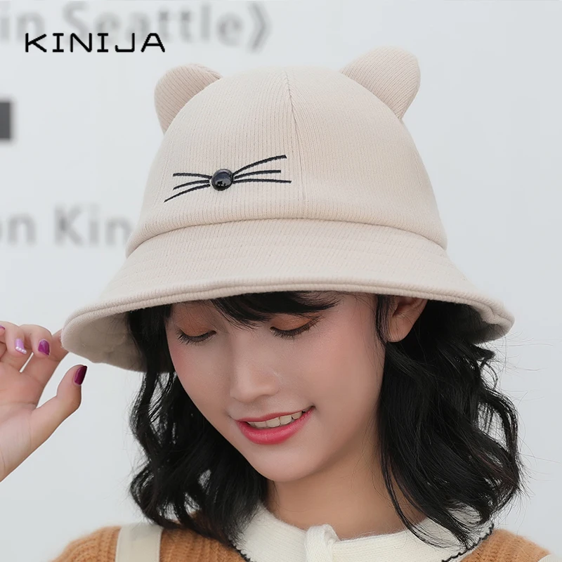 Шляпа для родителей и детей Женская шерстяная шляпа с кошачьими ушками рыбацкая