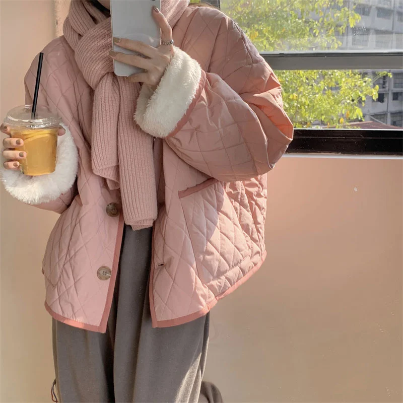 

Розовое пальто из шерсти ягненка и хлопка с ромбовидным узором, зимнее теплое плотное хлопковое пальто с длинным рукавом, женская одежда