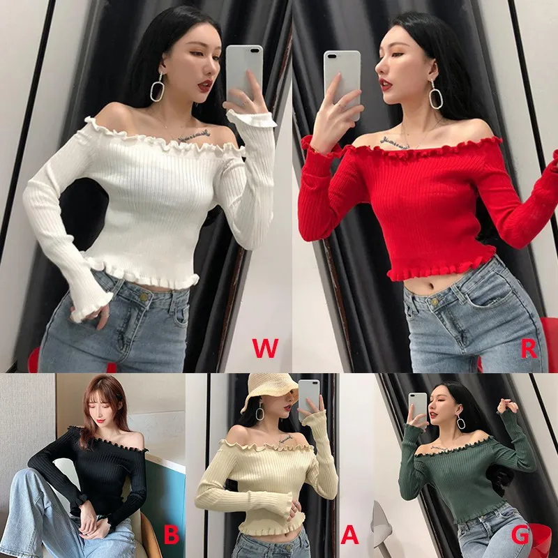 Новые корейские свитера Женский вязаный топ с вырезом лодочкой и открытыми