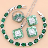 green lucite white zircon silver 925 bridal costume jewelry sets for women earringspendantringstones braceletnecklace set
