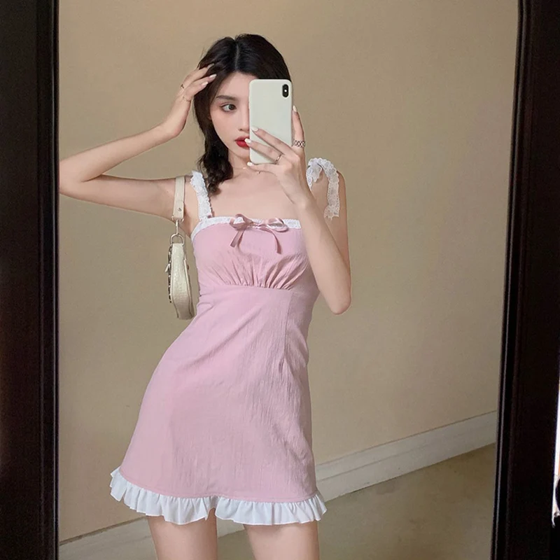 

Korean Fashion Lace Trim Pink Dress Women Summer Thin A-Line Mini Dress for Sweet Girl Kawaii Bow Decoration Lace Straps Outfits