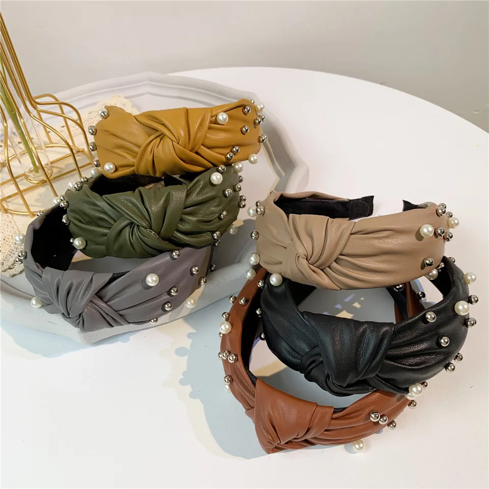 Новые женские элегантные кожаные ПУ ободки для волос с жемчужинами и поперечным