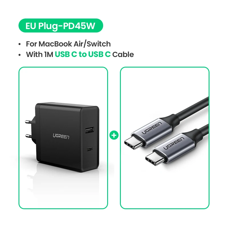 EU Add USB C-C Cable Ugreen USB зарядное устройство PD 45 Вт быстрое зарядное устройство для iPhone X 8 Быстрая зарядка 3,0 для телефона Xiaomi зарядное устройство для MacBook Pro nintendo Switch - Тип штекера: EU Add USB C-C Cable