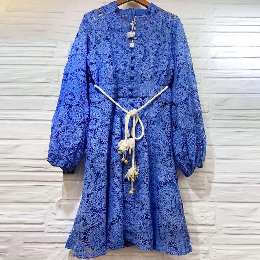 

Real Picture Women Solid Lace Hollow Out A-line Dress + Underdress + Sashes Three Piece Sets Lady's V-neck Party Dresses