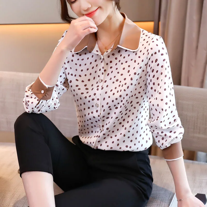 Korean Chiffon Women Shirts Woman Polka Dot Blouses Shirts Office Lady Print Shirt Tops Plus Size Women Long Sleeve Shirt Blouse