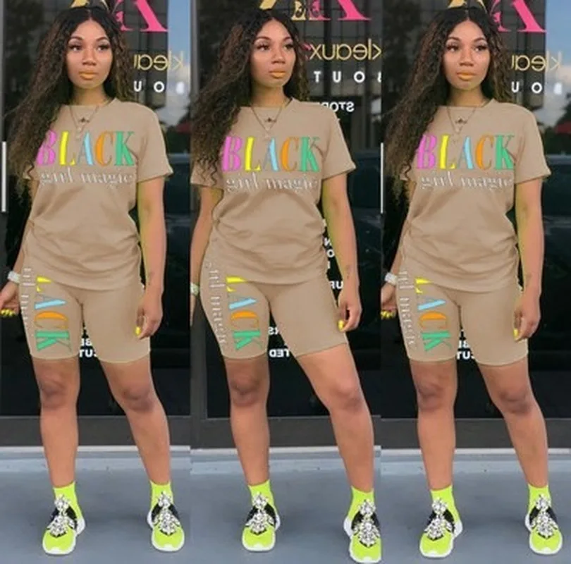 

Women's Two Pieces Sets Colorful Letter Short Sleeves Shorts Two-Piece Fashion Casual Suit Blue Rose Red Plus Size Ladies New