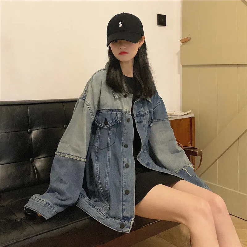 

Retro Color Block Denim Coat for Women 2021 Spring New Korean Style Boyfriend Style Versatile Loose Jacket Casual Top Fashion