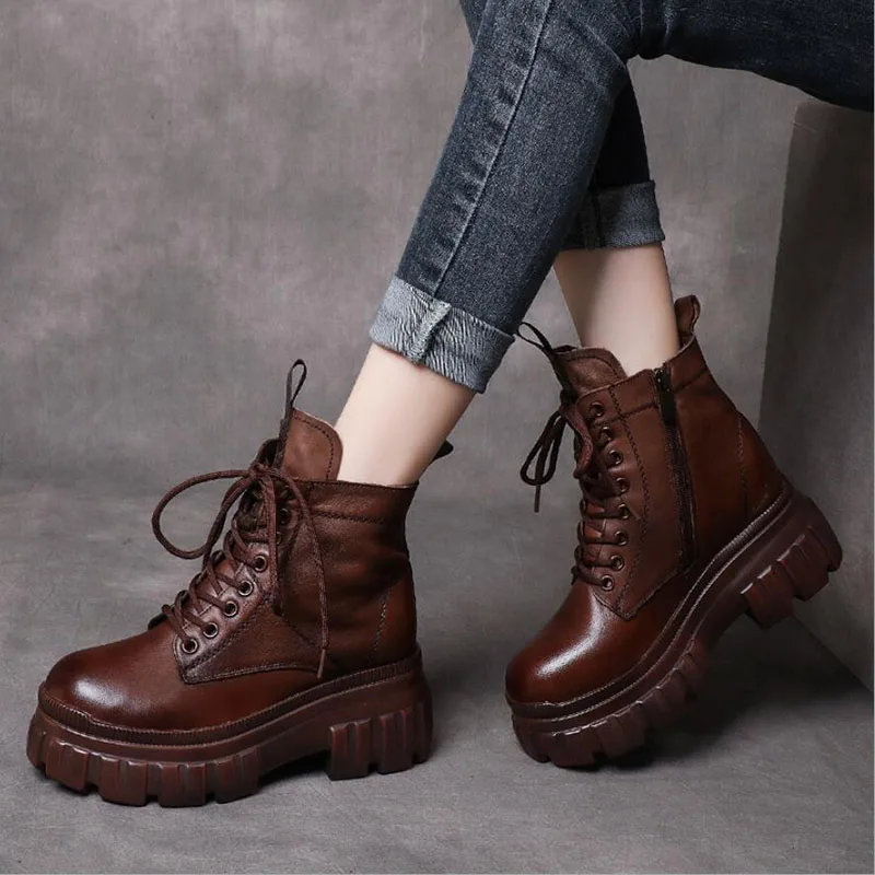 GKTINOO Women's Genuine Leather Ankle Boots Women Autumn Winter Lace Up Women Punk Boots Flat Ladies Shoes Woman Botas Mujer