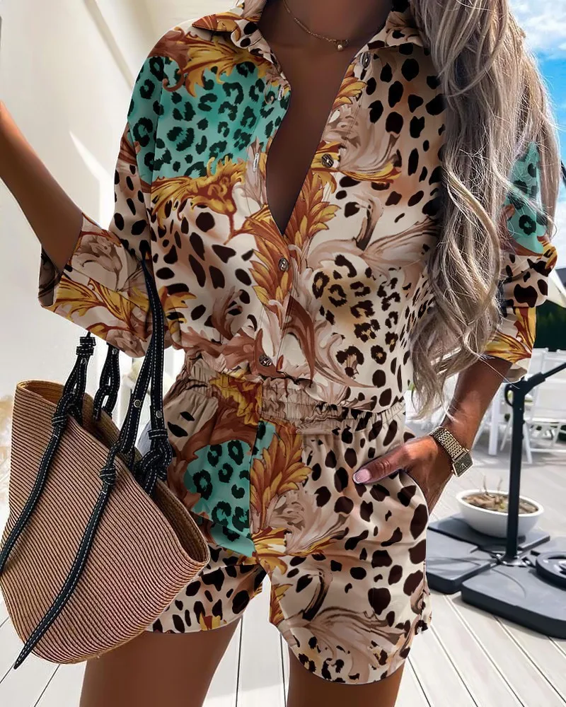 

Hoodies Sets Women Spring Autumn 2021 Fashion Leopard Suits Elegant Office Casual Stripe Loose Short Pants Female Outfit