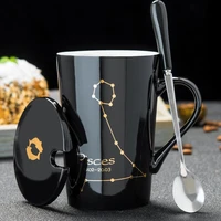 2022 new ceramic mugs 12 constellations creative mugs with spoon lid black and gold porcelain zodiac milk coffee cup gift