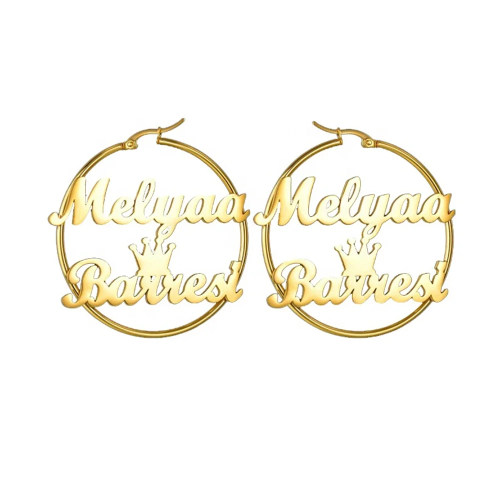 

Sherman Customized Double Name Earrings Stainless Steel Large Earrings with Crown Fashion 2021 Trendy Women's Gold Earrings