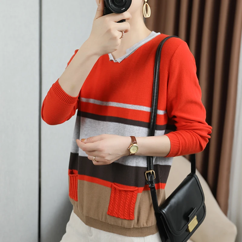 

Pure Cotton Women's Round Neck Bottoming Shirt Long-Sleeved Knit Sweater Pure Color Clothing All-Match Pullover Casual Sweater