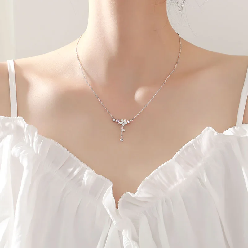 

Temperament Women Fine Jewelry s925 Sterling Silver Pink Cherry Blossom Necklaces Zircon Tassel Clavicle Chain For Girlfriend