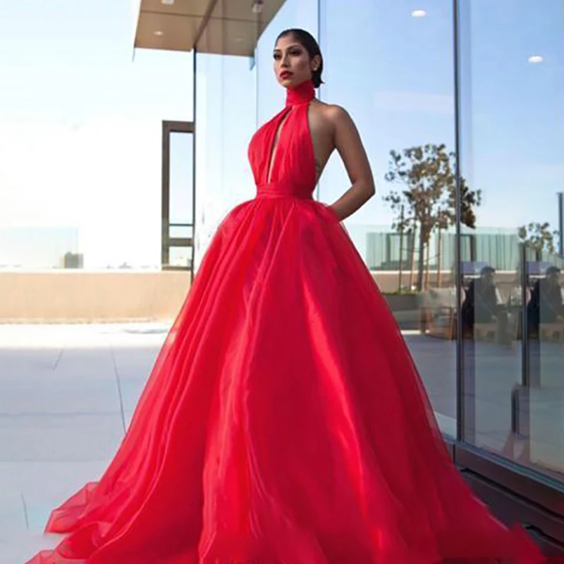 

Sexy Open Back Prom Dress Puffy Skirt Halter Neck Long Formal Graduation Evening Dress Party Gown Custom Made vestidos elegantes