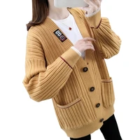 Women Long Sleeves Knit Cardigan Sweater Single-breasted Labeling Stitching Coat