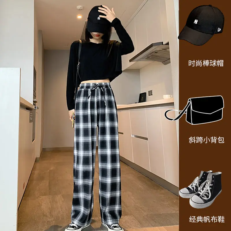 

Spring and Autumn Pants Women's Thin and Versatile Loose Black and White Plaid Pants High Waist Drop Straight Casual Small Wide