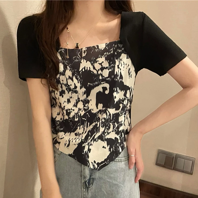 

Summer Short Crop Top T Shirt Women Clothing Fake Two-piece Tie dye Square Collar Tee Shirt Femme Korean T-shirts Poleras Mujer