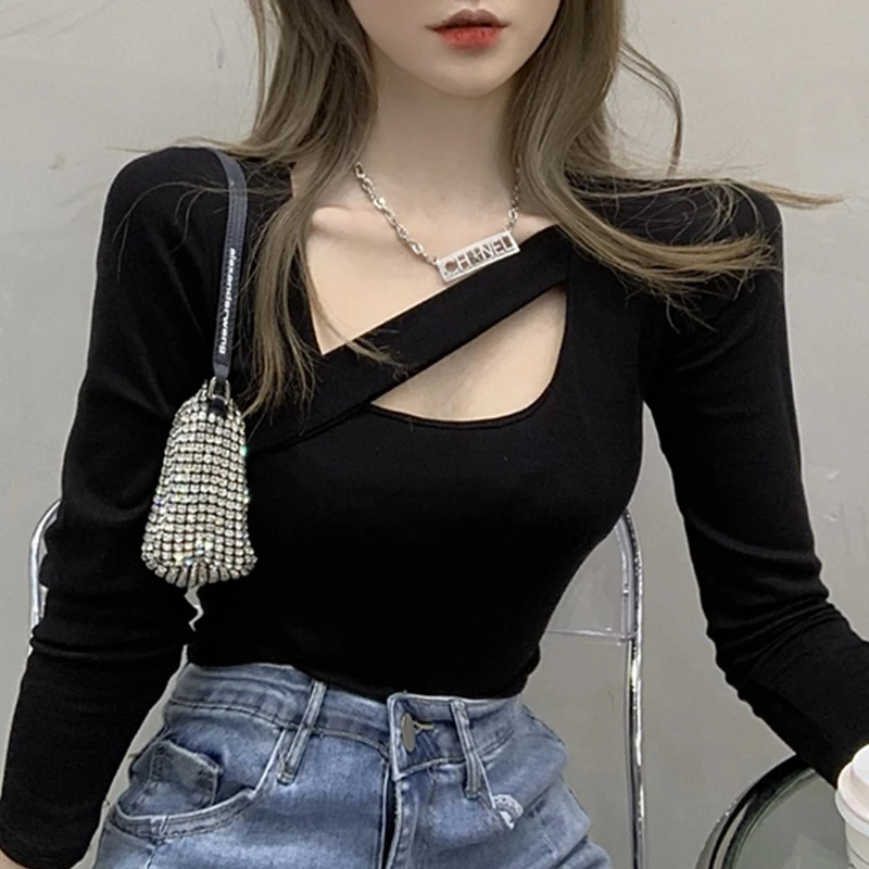 Футболка женская в Корейском стиле модный пористый облегающий Топ с длинным