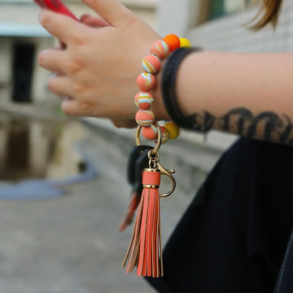

New Fashion Silicone Wooden Beaded Wristlet Keychain Accessories Key Ring Round Tassel Jewelry Girl For Women L7E7