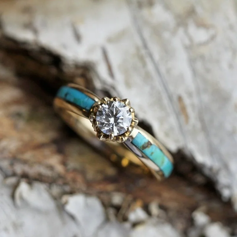 

Natural Blue Turquoise Diamond Ring Fashion 18K Gold Vintage Engagement Rings Party Wedding Band Jewelry Size 6-10
