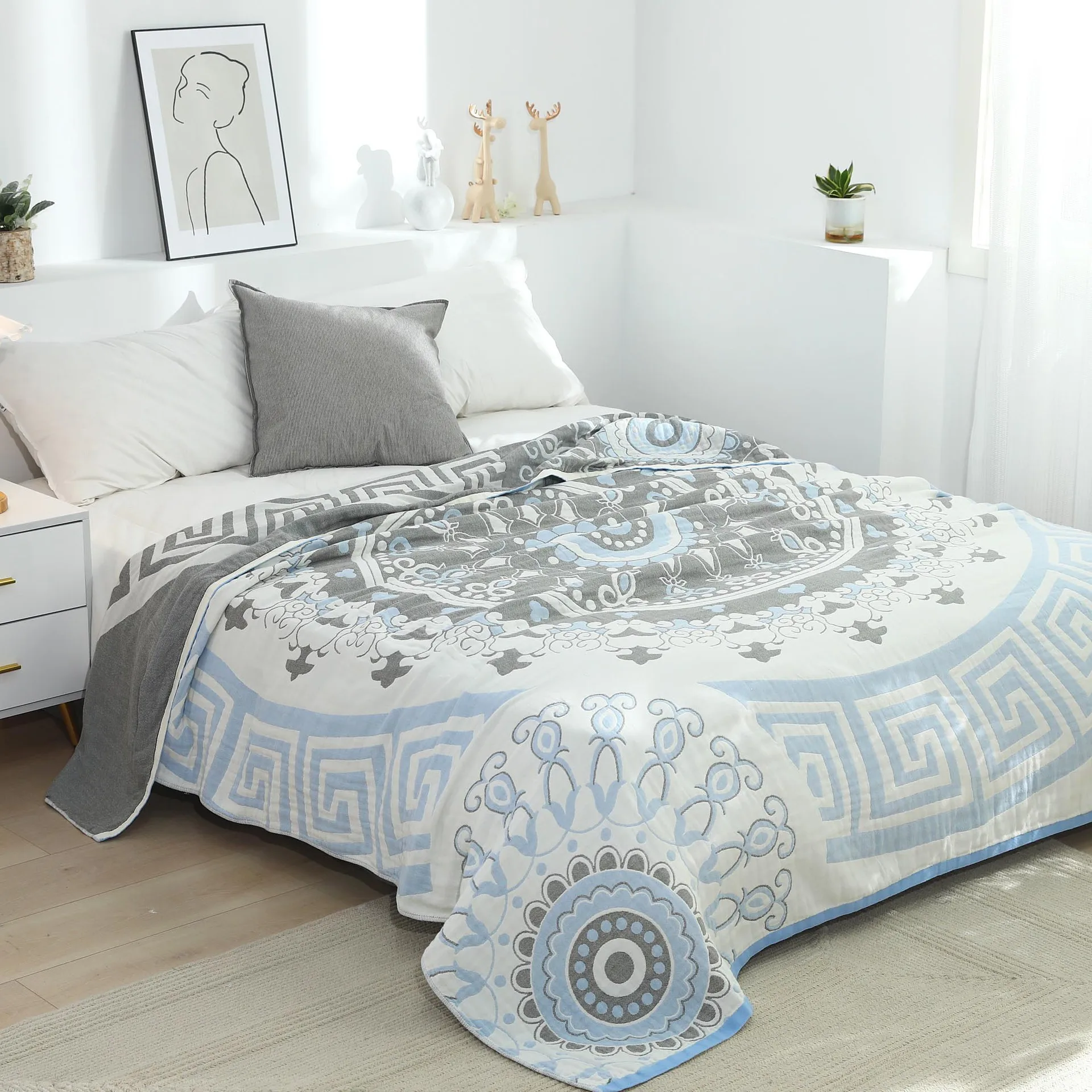 

100% Cotton Printed Bohemian Blanket Bedspread For Bed Blue Muslin Large Soft Summer Throw Blanket mantas de cama decorativa
