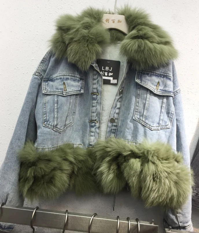 blue green Джинсовая куртка из натурального Лисьего меха, женская зимняя куртка, Женская куртка, пальто, зимнее теплое пальто, Femme - Цвет: blue green