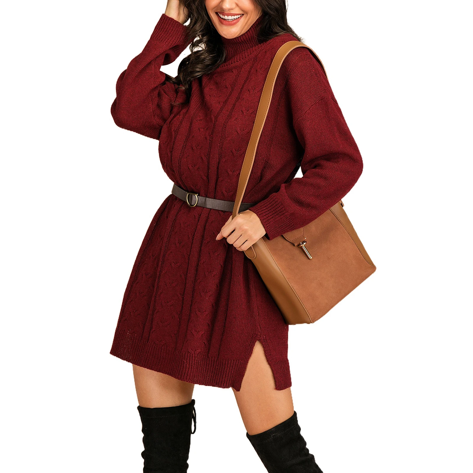

Women Dress Loose Wine Red High Waist Turtleneck Sweater Split Elegant Ladies Autumn Winter Casual Knitwear Pullover Streetwear