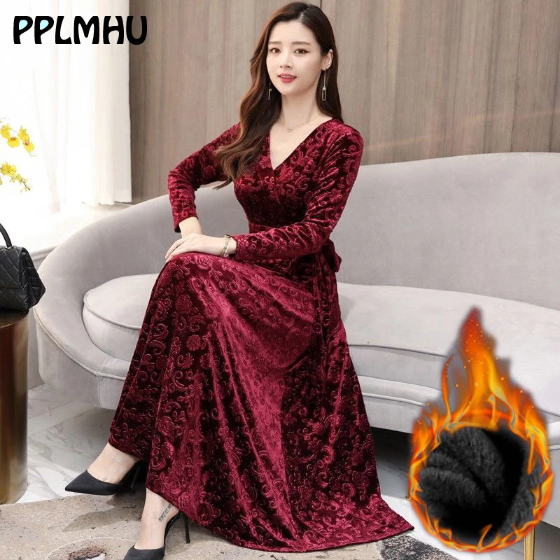 Зимнее плотное бархатное платье с принтом для женщин повседневные платья