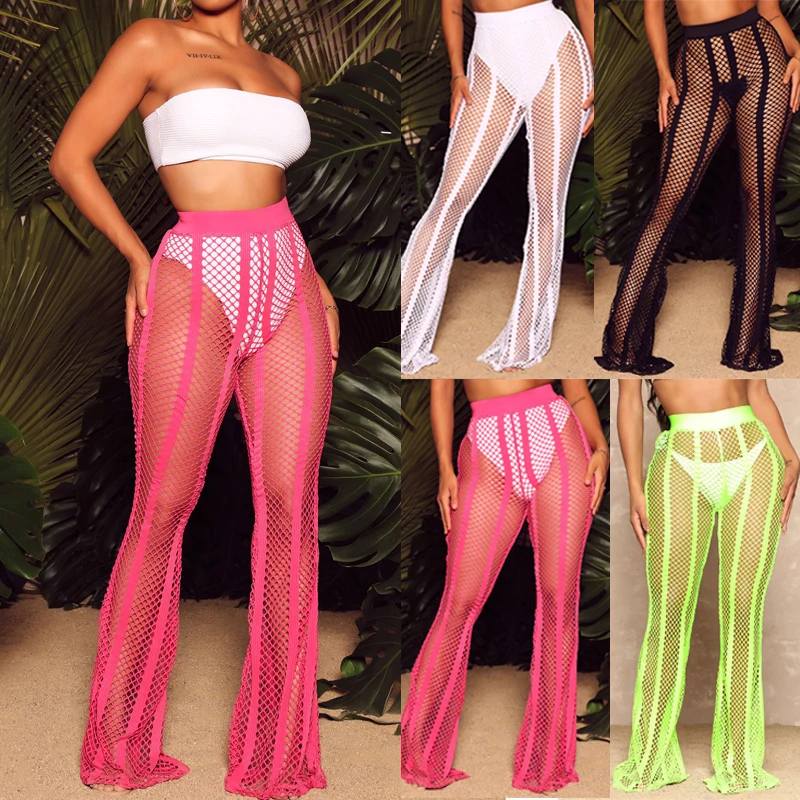 

Women Sexy Beach Flare Pants Solid Color Knitted Hollow Out Fishnet See Through Wide Leg Pants Elastic Waist Night Club Trousers