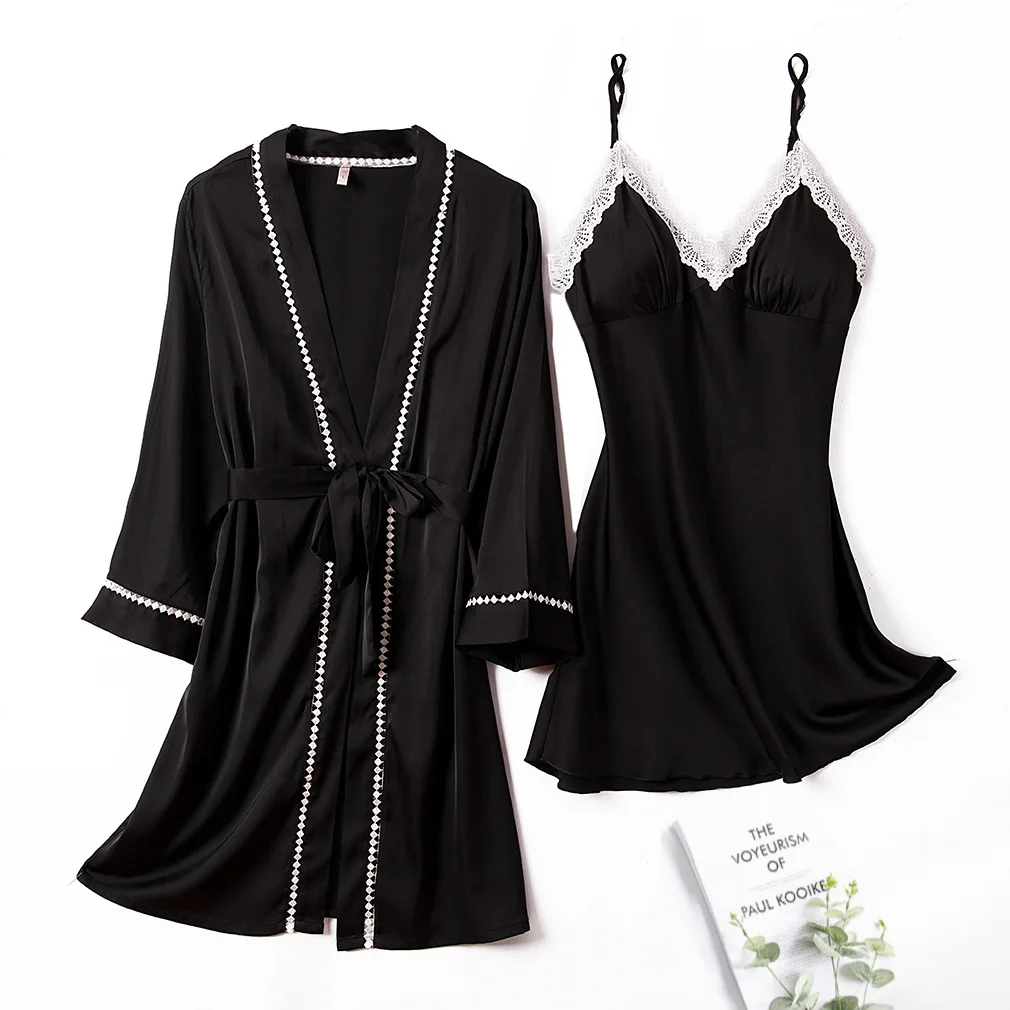 

Two Piece Set With Pads Sexy Robe Intimate Lingerie Women Bathrobe Faux Silk Kimono Gown Spring Summer New Nightdress Nightgown