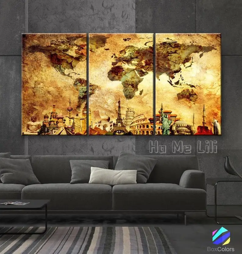 

Art Canvas Print Map World Wonders Old Wall Home Decor