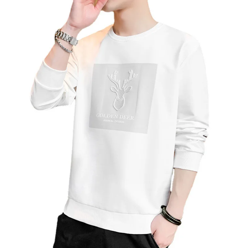 

Spring 2021 new men's hoodie loose round neck long sleeve T shirt men's popular logo men's bottom shirt spring and autumn coat