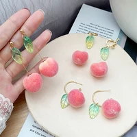 korean sweet pink peach drop earrings for women girl gold color alloy green leaf fruit hanging dangle earrings holiday jewelry