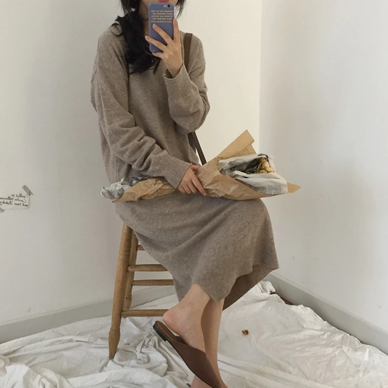 

Korean Chic Autumn Winter Women's Wild Loose Casual Over-The-Knee Soft Sweater Dress