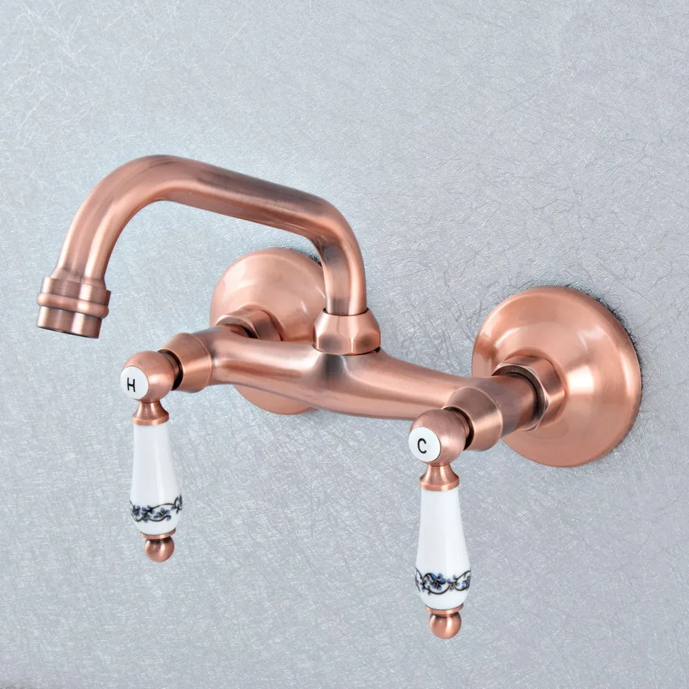 

Antique Red Copper Brass Wall Mounted Kitchen Wet Bar Bathroom Sink Faucet Swivel Spout Mixer Tap Dual Ceramic Handles asf892