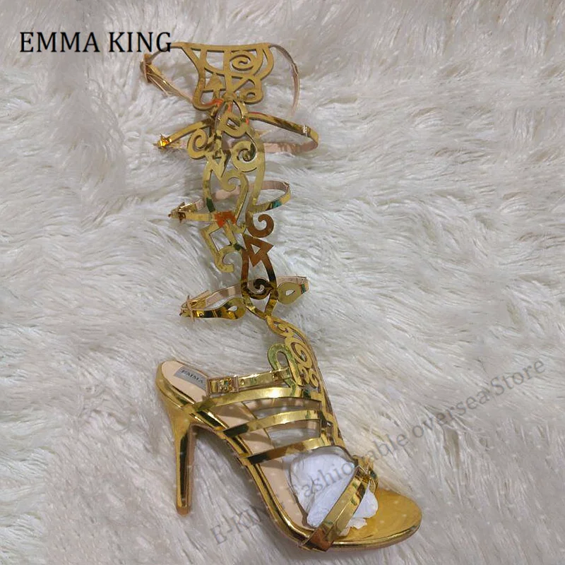 

2020 Summer Women Golden Hollow Out Gladiator Sandals Open Toe Knee High Sandal Boot Patent Leather High Heel Golden Party Shoes