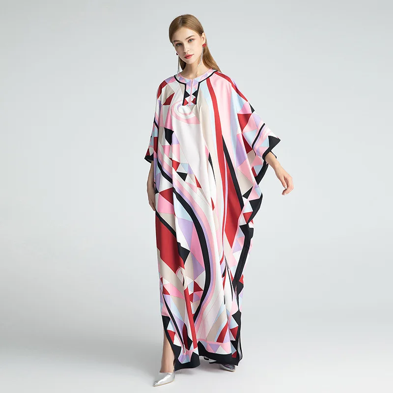 

High Quality Maxi Dress Female 2021 Spring Summer New Loose Slim Waist Lace-up Printed Dress Middle East Dubai Robe Party Dress
