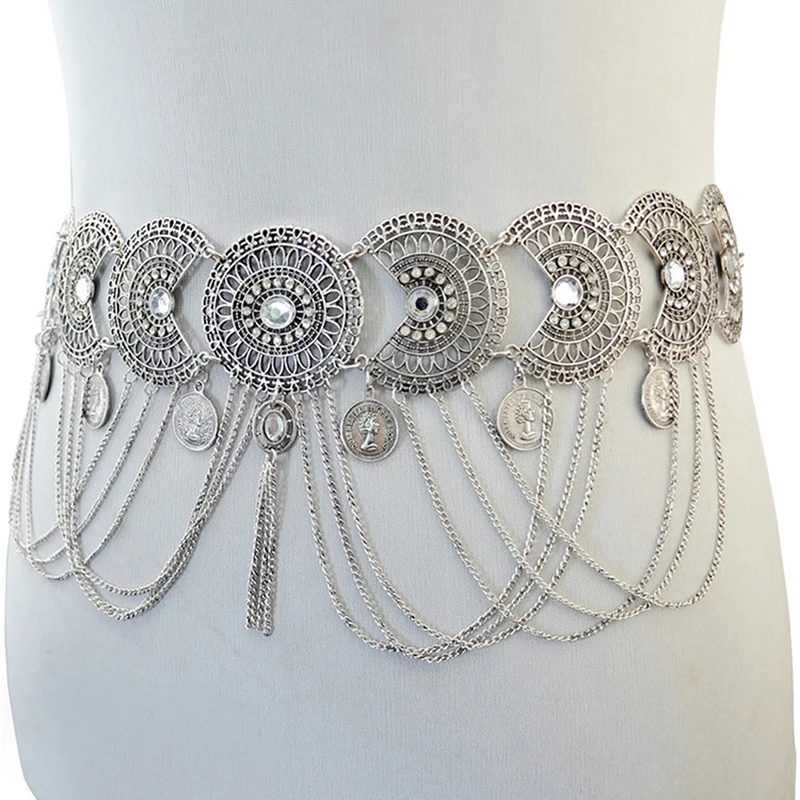 Sexy Hollow Out Waist Chains Crystal Indian Yoga Belly Belt Chains Gypsy Women Retro Tassel Coins Pendant Waist Belt 2023