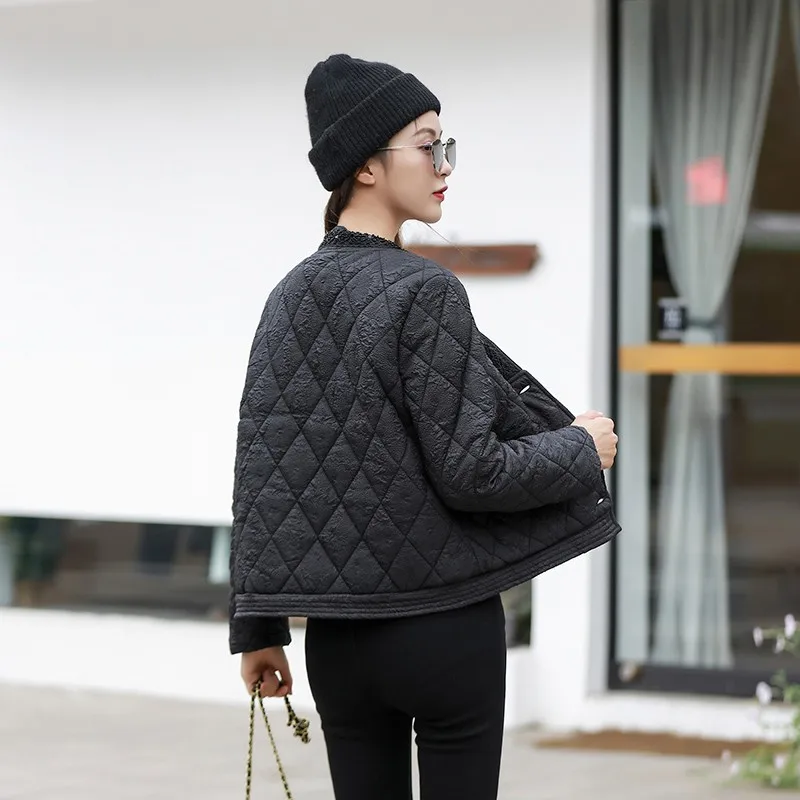 Casual Loose Arygle Parka Women Fashion Solid Thick Short Coats Women Elegant V Neck Lace Cotton Jackets Female Ladies Big Size