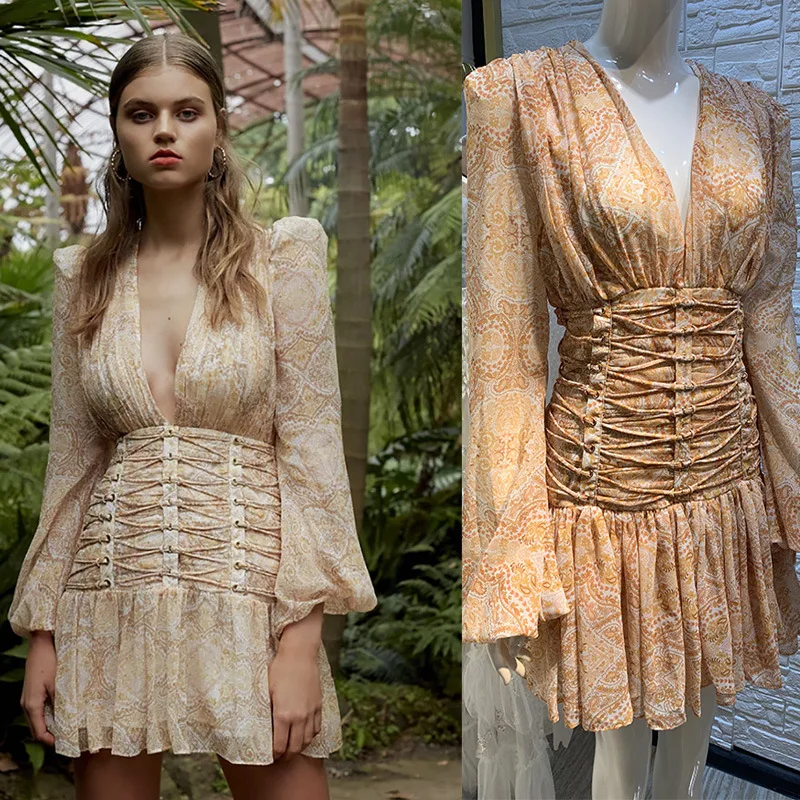 

quality high runway women deep v neck puff sleeve short dresses 2020 print mini dress female Vestidos