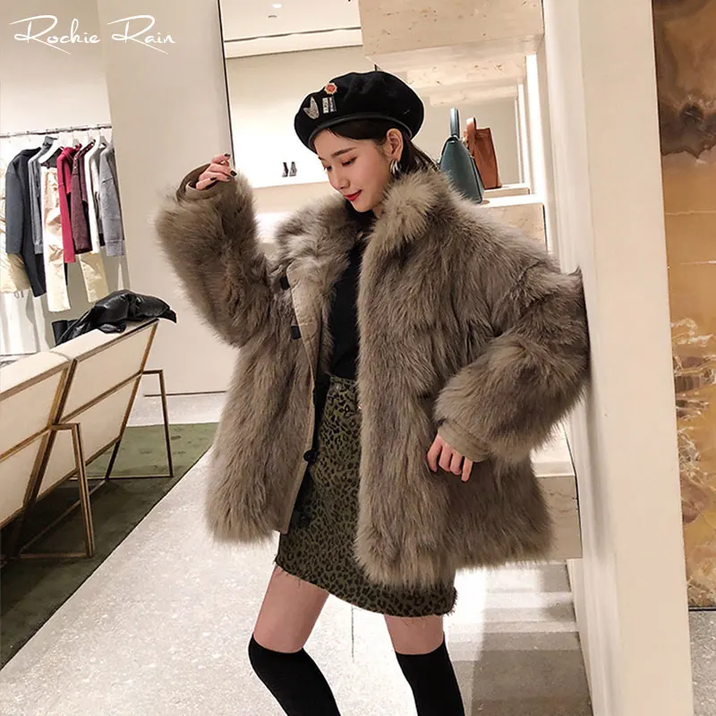 Натуральный Лисий мех пальто для женщин зимние теплые свободные отложной