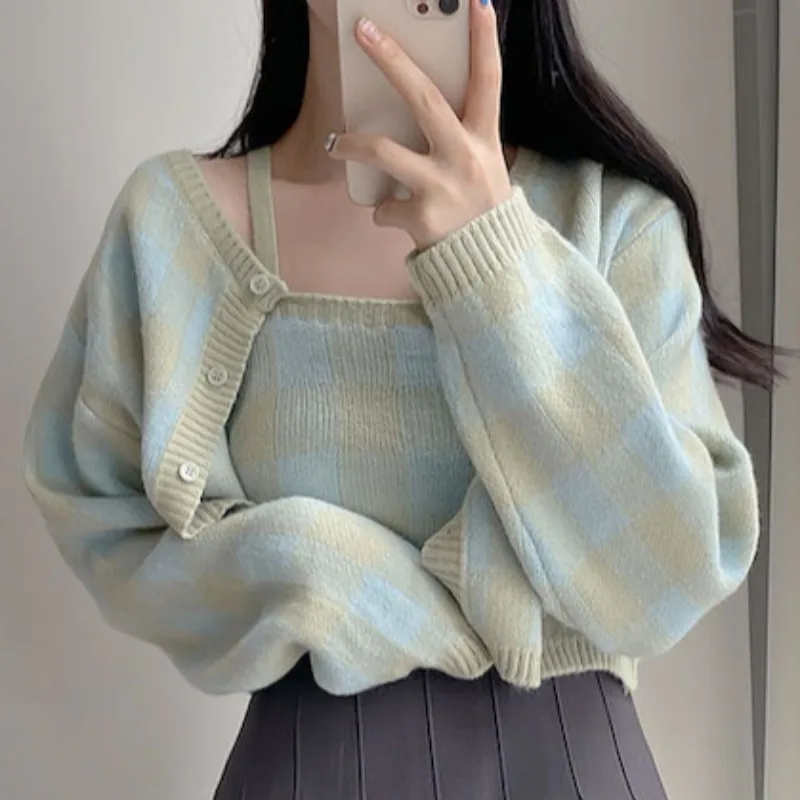 

Korean Sweet Knit Plaid Cardigans + Camisole 2 pcs Sets Girls Short Sweater Coat + Vest Suits Women Outfits Fashion New 2021